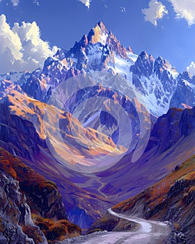 Vibrant Mountain Art: Painted Interpretation of Argentinas Snow-Capped Terrain