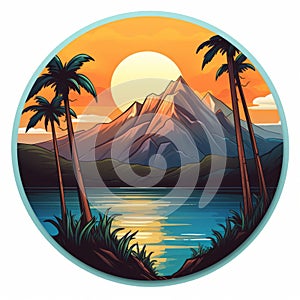 Vibrant Mountain Island Sticker With Palm Trees And Sunset