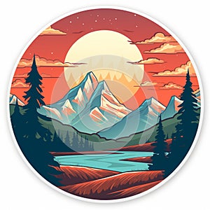 Vibrant Mountain Sunset Sticker With Detailed Illustration