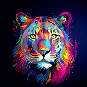 A vibrant, multi-colored illustration of a lion\'s face against a dark background