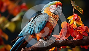A vibrant, multi colored macaw perches on a branch outdoors generated by AI