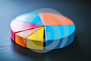 A vibrant, multi-colored pie chart is placed on a table, A pie chart representing percentage of different investment options, AI