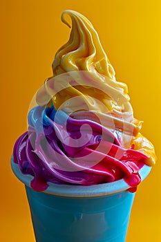 Vibrant Multi Colored Soft Serve Ice Cream Cone on Bright Yellow Background for Summertime Refreshment Concept