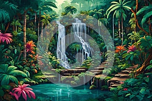 A vibrant, multi-tiered waterfall hidden within a lush, tropical jungle.