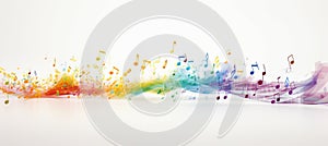 Vibrant multicolored abstract music background with flying musical notes on white backdrop