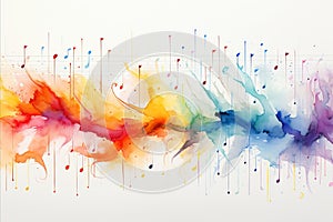 Vibrant multicolored abstract musical background with flying neural network music notes on white