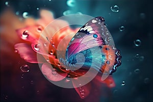 Vibrant Multicolored Butterfly on Rain-Kissed Orange-Red Flower - generative AI, AI generated