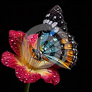 Vibrant Multicolored Butterfly on Red Flower with Glistening Raindrops - generative AI, AI generated