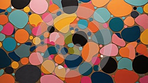 Vibrant multicolored circles arranged in an abstract pattern on a dark background, creating a lively visual