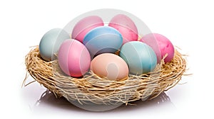 Vibrant Multicolored Easter Eggs in Wicker Basket on White Background, mock up