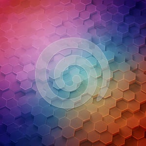 A vibrant, multicolored hexagonal pattern creates a 3D abstract background. The