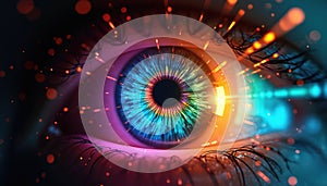 Vibrant multicolored iris with rainbow lines emerging from eye. Futuristic animation of bright binary circle. Graphic of iris photo