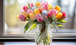 Vibrant multicolored tulips in a clear glass vase on a windowsill symbolizing love and affection for Valentines Day
