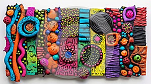 A vibrant multicolored wall hanging made entirely out of clay beads and shapes. photo