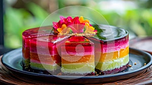 Vibrant Multilayered Jelly Cake Decorated with Edible Flowers on Rustic Plate with Natural Backdrop photo