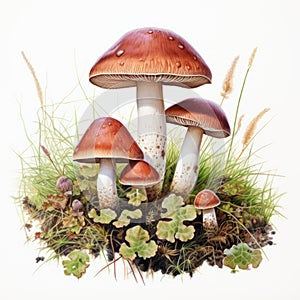 Vibrant Mushroom Art: Red, White, And Brown Fungi In Ian Miller Style photo
