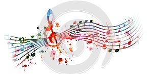 Vibrant music background with colorful musical notes and G-clef isolated. Vector illustration. Artistic music festival poster desi