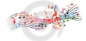 Vibrant music background with colorful musical notes and G-clef isolated. Vector illustration. Artistic music festival poster desi