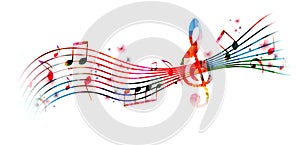 Vibrant music background with colorful musical notes and G-clef isolated. Vector illustration. Artistic music festival poster desi