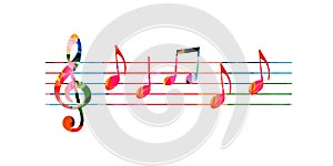 Vibrant music background with colorful musical notes and G-clef isolated. Vector illustration. Artistic music festival poster desi