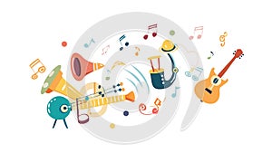 Vibrant Music Composition Icon with Instruments & Notes, vector design Generative AI