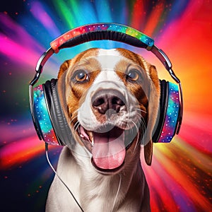 Vibrant Music-Loving Dog with Headphones, AI Generated