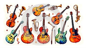 Vibrant musical instrument collection with guitars and brass elements