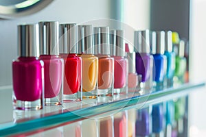 vibrant nail polish bottles in a row on glass shelf