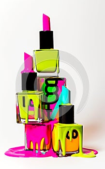 Vibrant nail polish bottles stacked with drips and colorful spills on a white background