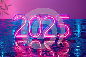 Vibrant Neon 2025 Sign Glowing Pink and Blue Over Wet Reflective Surface