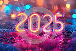 Vibrant Neon 2025 Sign Glowing Pink and Blue Over Wet Reflective Surface