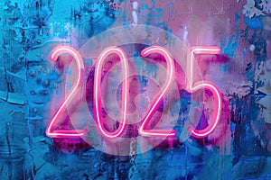 Vibrant Neon 2025 Sign Glowing Pink and Blue Over Wet Reflective Surface