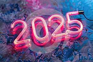 Vibrant Neon 2025 Sign Glowing Pink and Blue Over Wet Reflective Surface