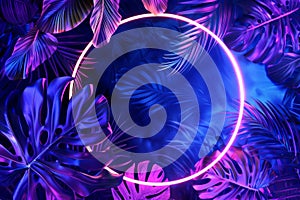 Vibrant neon blue and purple tropical palm leaves and plants, neon circle frame, abstract banner, background