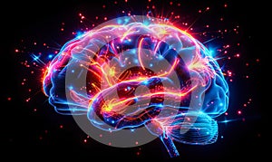 Vibrant neon brain illustration depicting neural activity, creativity, and cognitive processes in a conceptual representation