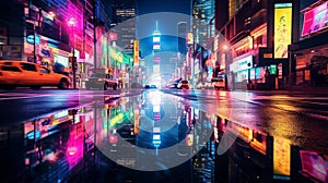 Vibrant Neon Cityscape: Abstract Intersection of Skyscrapers and Billboards at Night