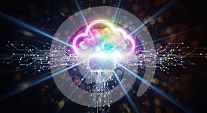 Vibrant neon cloud computing digital data network technology abstract background