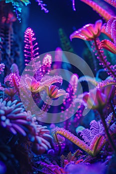 Vibrant neon-colored plants under ultraviolet light in a nighttime garden setting