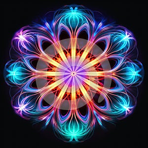 Vibrant Neon Flower Design: Mystic Mechanisms In Multilayered Dimensions