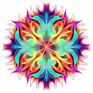 Vibrant Neon Fractal Design: Tribal Abstraction With Symmetrical Patterns
