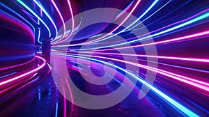 Vibrant neon light trails in motion on a futuristic tunnel background