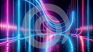 Vibrant neon light tunnel with reflective floor and vertical beams