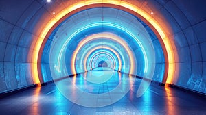 Vibrant neon light tunnel in yellow and blue, abstract futuristic design, background.