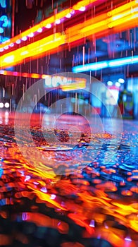 Vibrant neon lights reflecting on wet city street at night