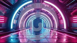 Vibrant neon-lit tunnel with reflective floor. Futuristic architecture concept suitable