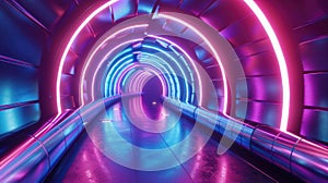 Vibrant neon-lit tunnel with reflective floor. Futuristic architecture concept suitable