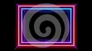 Vibrant neon parallelogram frame with dynamic motion graphics on black background