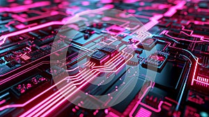 Vibrant Neon Pink Techno Circuitry on Chrome Background