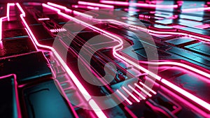 Vibrant Neon Pink Techno Circuitry on Chrome Background