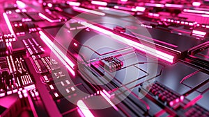Vibrant Neon Pink Techno Circuitry on Chrome Background